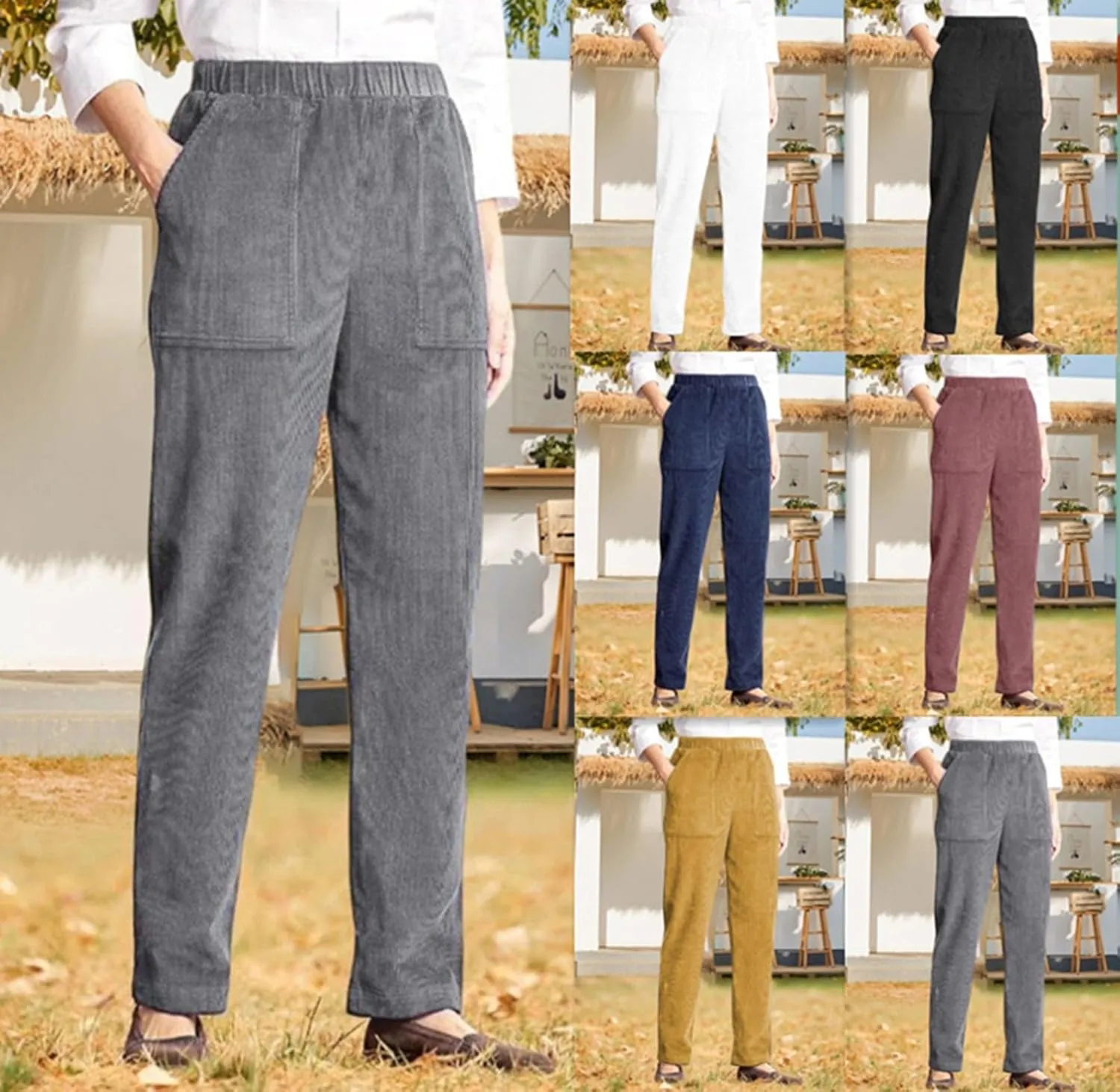 BIRW Corduroy Pants for Women Elastic High Waist Pull On Straight Leg Slacks Casual Trousers with Pocket
