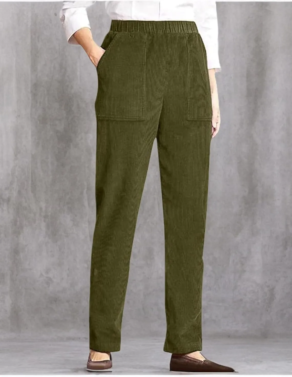 BIRW Corduroy Pants for Women Elastic High Waist Pull On Straight Leg Slacks Casual Trousers with Pocket