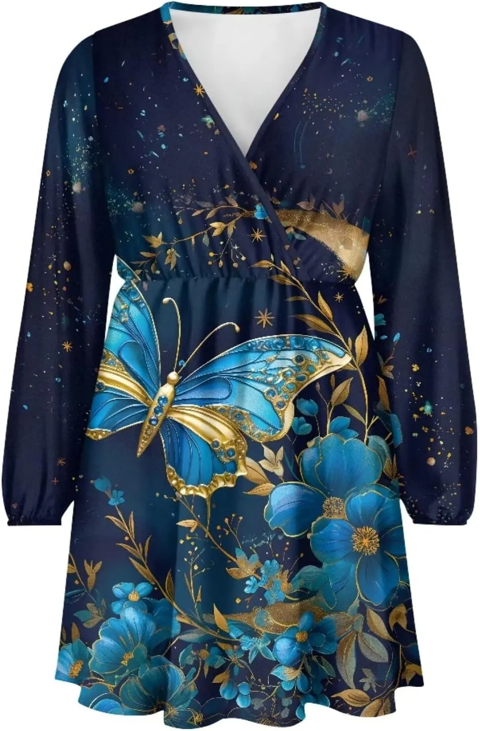 Biyejit Casual Tunic Dress for Women V Neck Ruffle Long Sleeve Dresses Loose Flowy Beach Cover Up Swing Dress