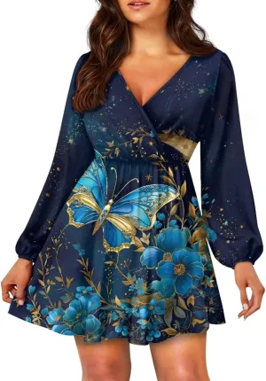 Biyejit Casual Tunic Dress for Women V Neck Ruffle Long Sleeve Dresses Loose Flowy Beach Cover Up Swing Dress