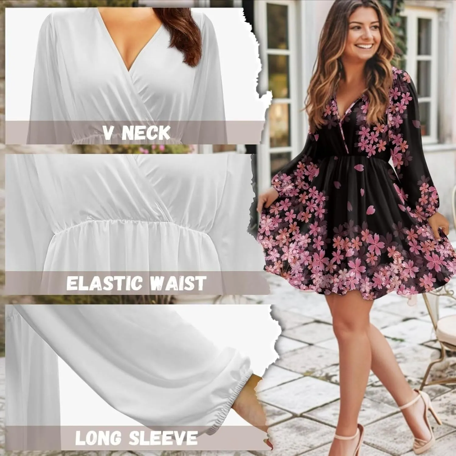 Biyejit Casual Tunic Dress for Women V Neck Ruffle Long Sleeve Dresses Loose Flowy Beach Cover Up Swing Dress