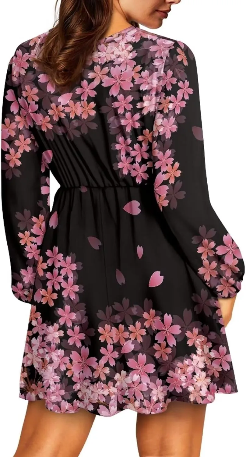Biyejit Casual Tunic Dress for Women V Neck Ruffle Long Sleeve Dresses Loose Flowy Beach Cover Up Swing Dress
