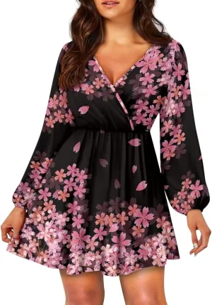 Biyejit Casual Tunic Dress for Women V Neck Ruffle Long Sleeve Dresses Loose Flowy Beach Cover Up Swing Dress