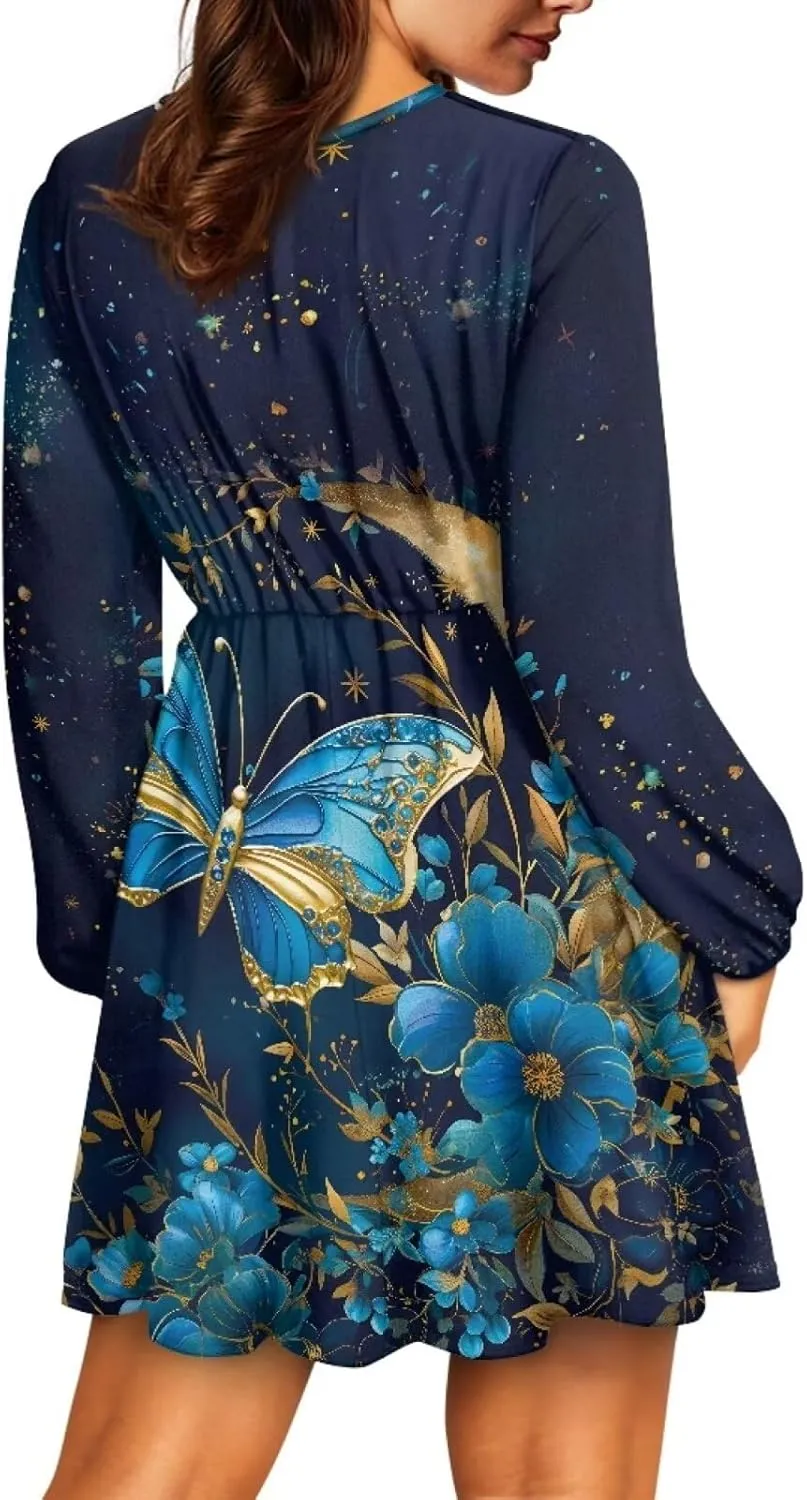 Biyejit Casual Tunic Dress for Women V Neck Ruffle Long Sleeve Dresses Loose Flowy Beach Cover Up Swing Dress