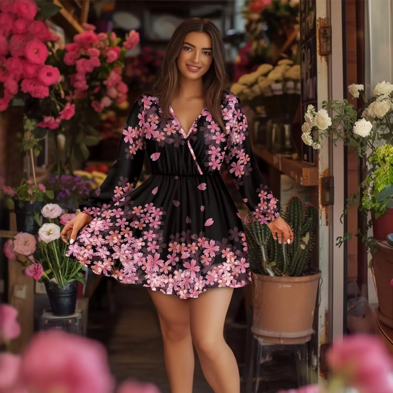 Biyejit Casual Tunic Dress for Women V Neck Ruffle Long Sleeve Dresses Loose Flowy Beach Cover Up Swing Dress