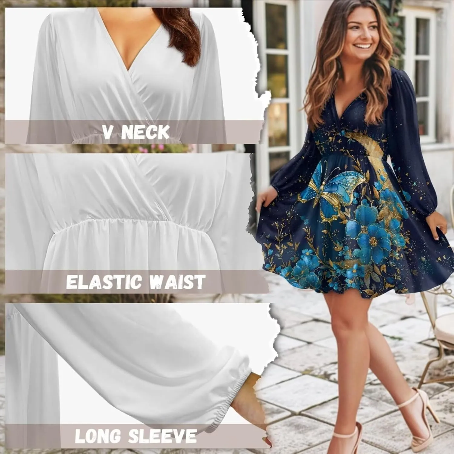 Biyejit Casual Tunic Dress for Women V Neck Ruffle Long Sleeve Dresses Loose Flowy Beach Cover Up Swing Dress