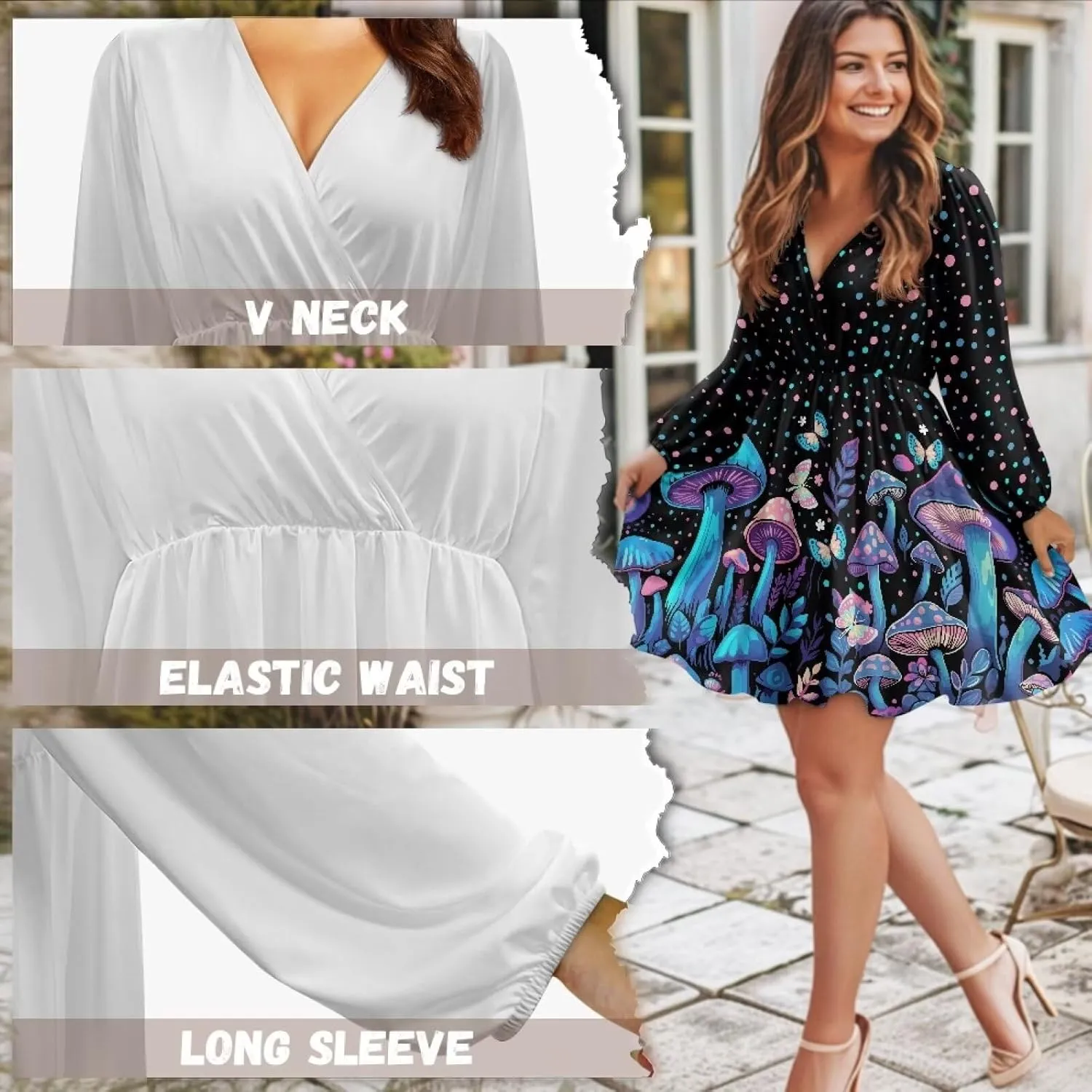 Biyejit Women's Casual V Neck Long Sleeve Smocked High Waist Ruffle A Line Mini Dress Tunic Dress Plus Size S-2XL
