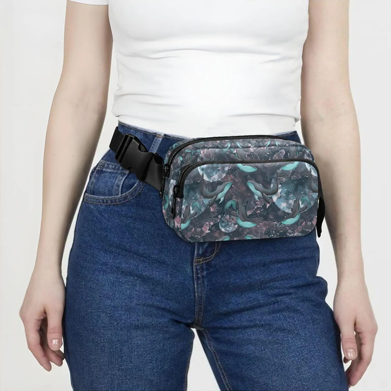 Blue Whales Moon Floral Waterproof Women Fanny Packs Belt Bags Hip Pack Colorful Waist Purse for Women