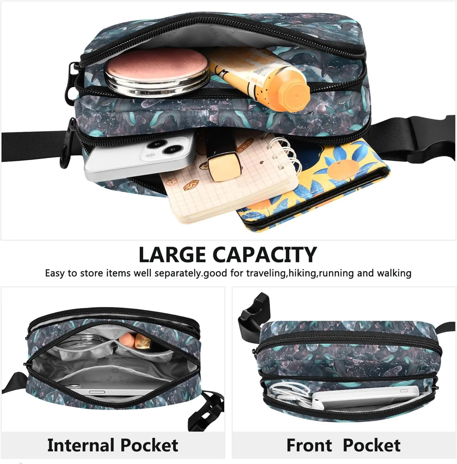 Blue Whales Moon Floral Waterproof Women Fanny Packs Belt Bags Hip Pack Colorful Waist Purse for Women