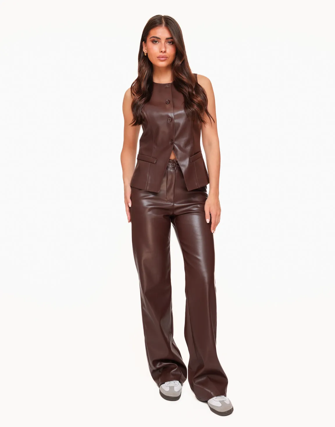 Bruine PU Leren Hoge Knopen - Gilet