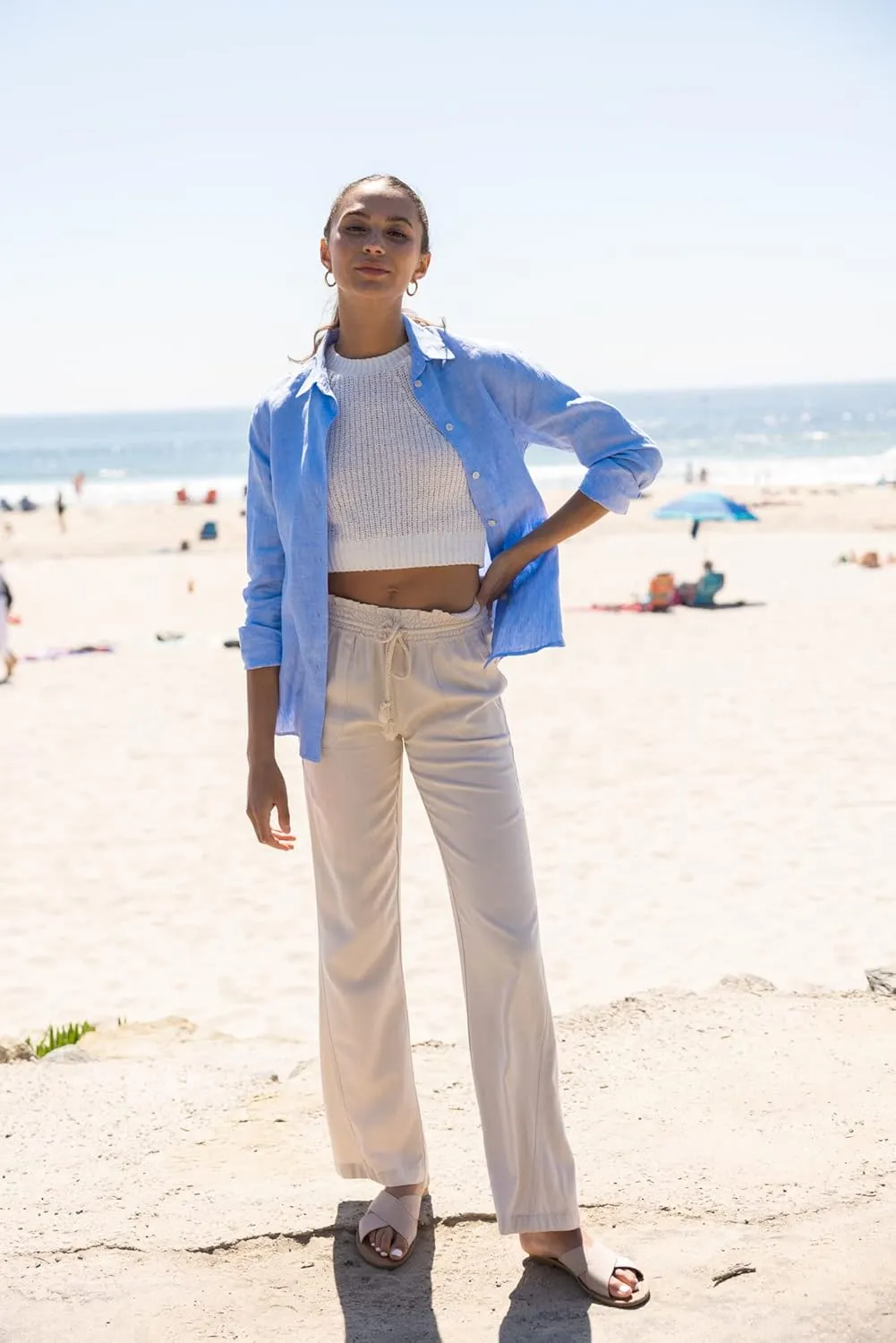 Cali1850 Women's Casual Linen Pants - 29", 32" Oceanside Drawstring Smocked Waist Beach Lounge Trousers with Pockets