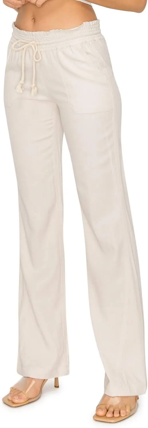 Cali1850 Women's Casual Linen Pants - 29", 32" Oceanside Drawstring Smocked Waist Beach Lounge Trousers with Pockets