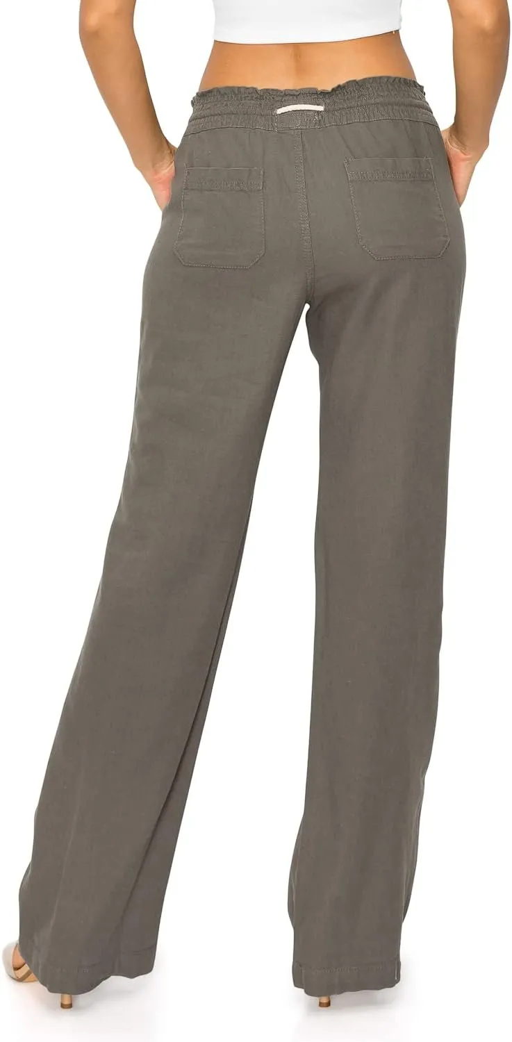 Cali1850 Women's Casual Linen Pants - 29", 32" Oceanside Drawstring Smocked Waist Beach Lounge Trousers with Pockets