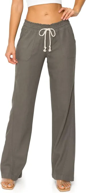 Cali1850 Women's Casual Linen Pants - 29", 32" Oceanside Drawstring Smocked Waist Beach Lounge Trousers with Pockets