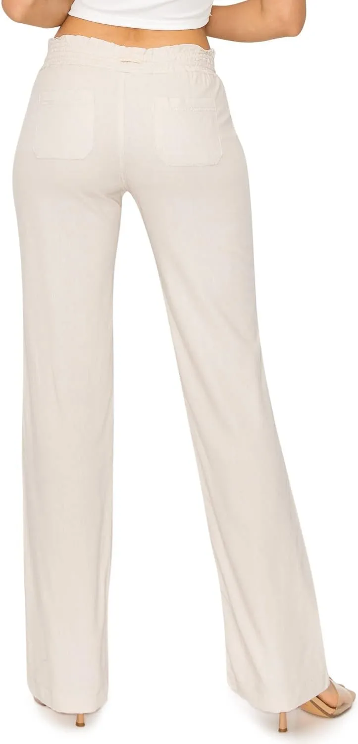 Cali1850 Women's Casual Linen Pants - 29", 32" Oceanside Drawstring Smocked Waist Beach Lounge Trousers with Pockets