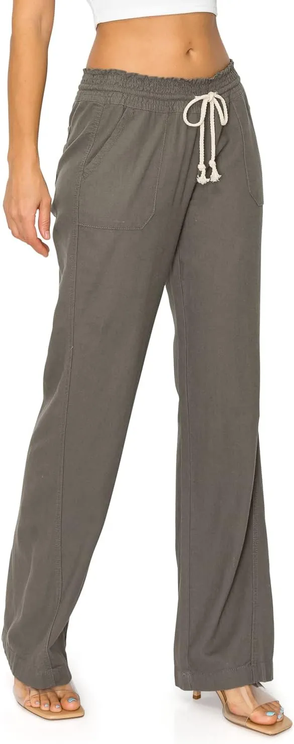 Cali1850 Women's Casual Linen Pants - 29", 32" Oceanside Drawstring Smocked Waist Beach Lounge Trousers with Pockets