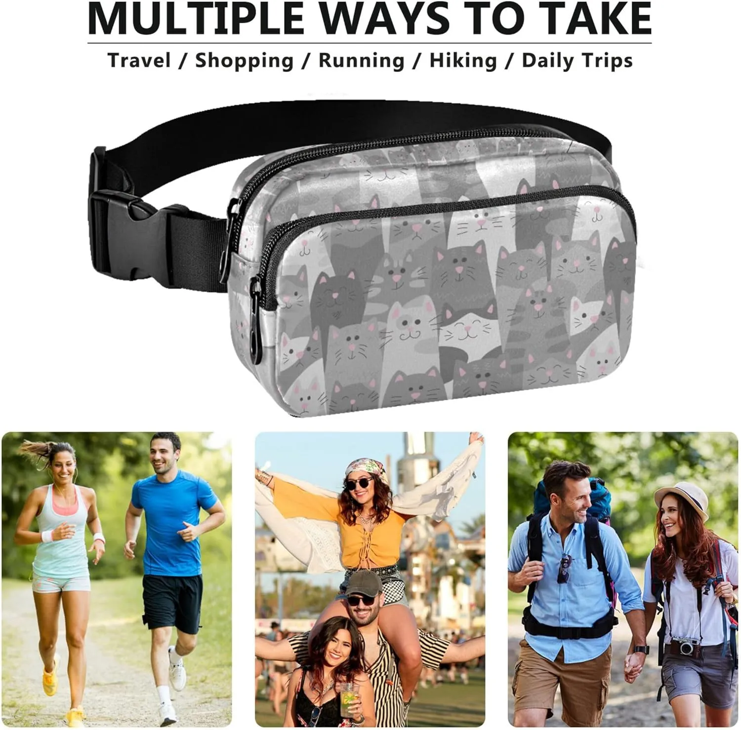 Cats Doodle Cartoon Fanny Packs for Women Waterproof Belt Bags Hip Pack Trendy Crossbody Waist Purse