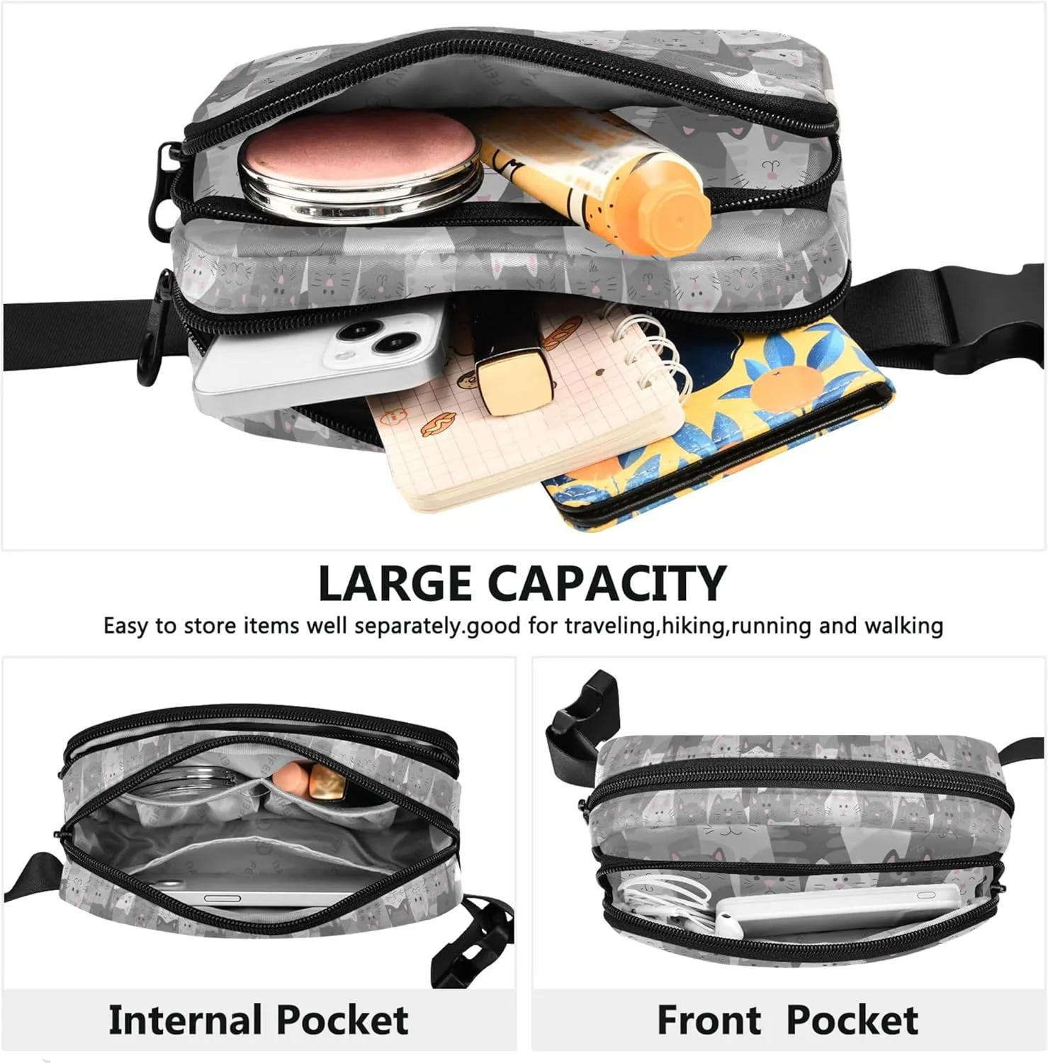 Cats Doodle Cartoon Fanny Packs for Women Waterproof Belt Bags Hip Pack Trendy Crossbody Waist Purse