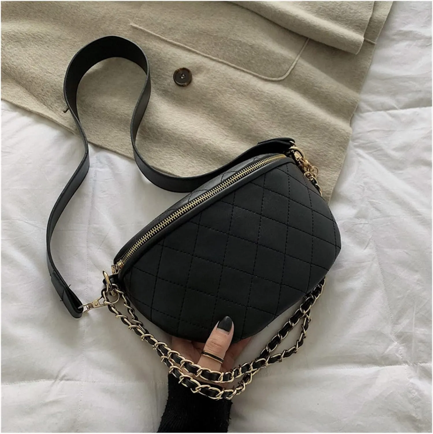 Chain Waist Bag Women Leather Belt Bags Zipper Chest Pack Phone Bag (Color : Black, Size : 1)