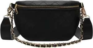 Chain Waist Bag Women Leather Belt Bags Zipper Chest Pack Phone Bag (Color : Black, Size : 1)