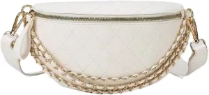 Chain Waist Bag Women Leather Belt Bags Zipper Chest Pack Phone Bag (Color : White, Size : 1)