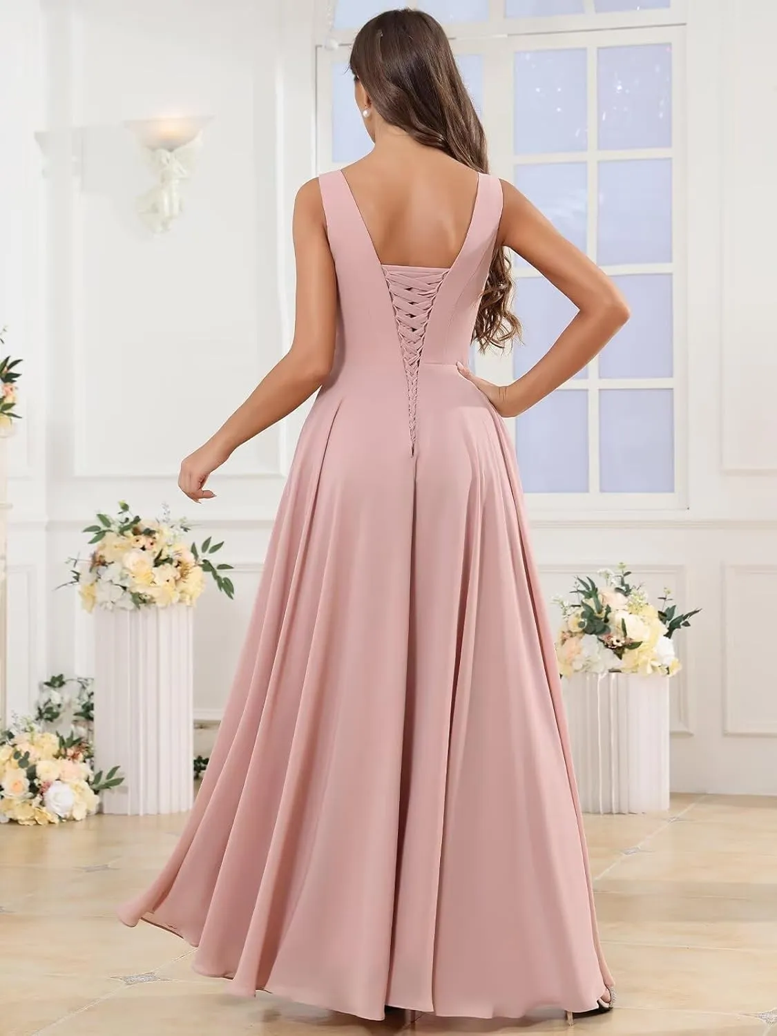 Chiffon V Neck Bridesmaid Dresses for Women Long Pleated Ruffles Formal Evening Gown with Slit