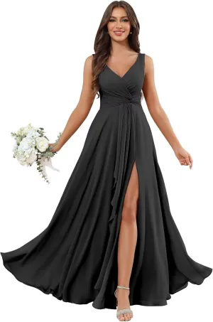 Chiffon V Neck Bridesmaid Dresses for Women Long Pleated Ruffles Formal Evening Gown with Slit