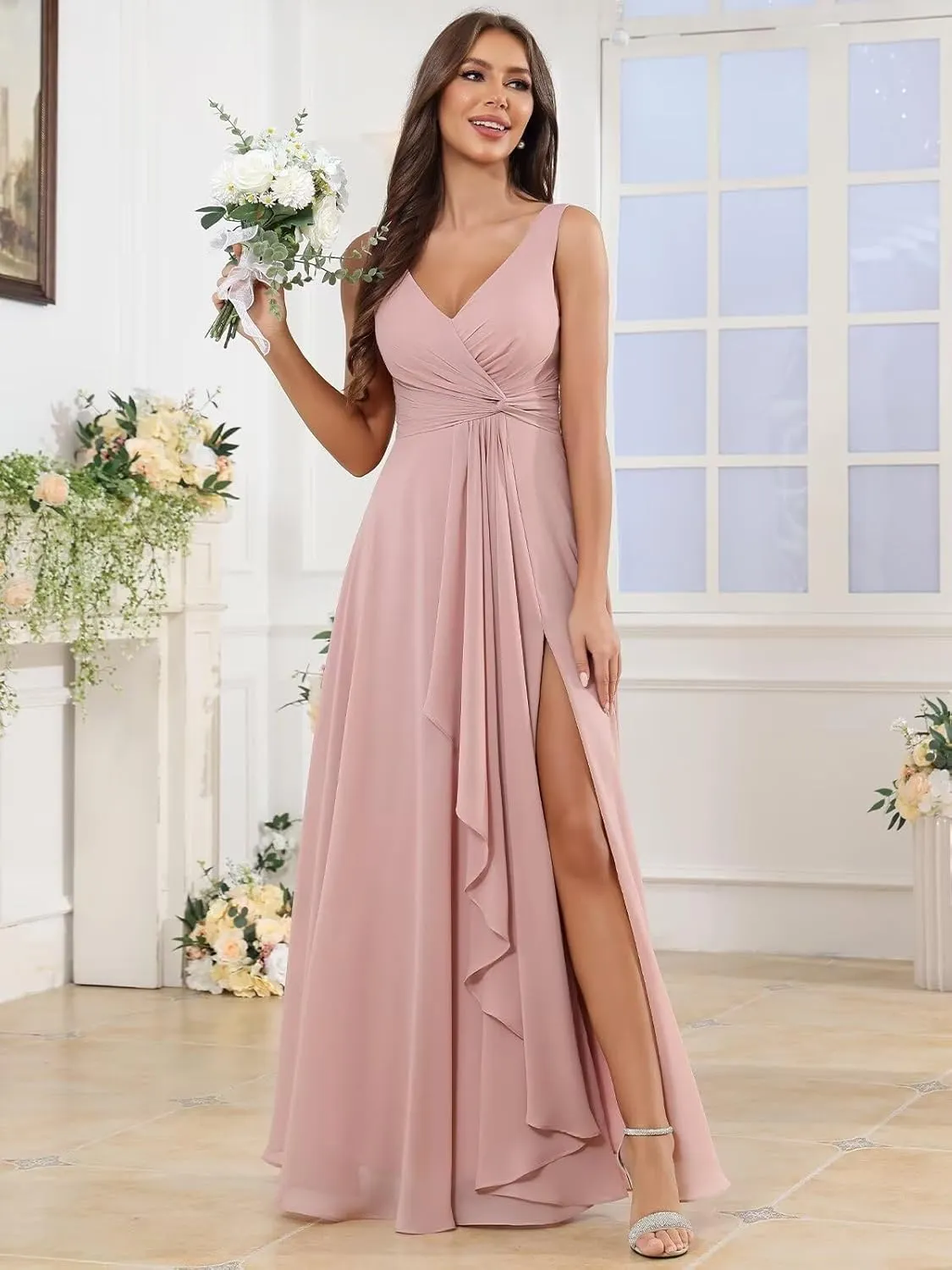 Chiffon V Neck Bridesmaid Dresses for Women Long Pleated Ruffles Formal Evening Gown with Slit