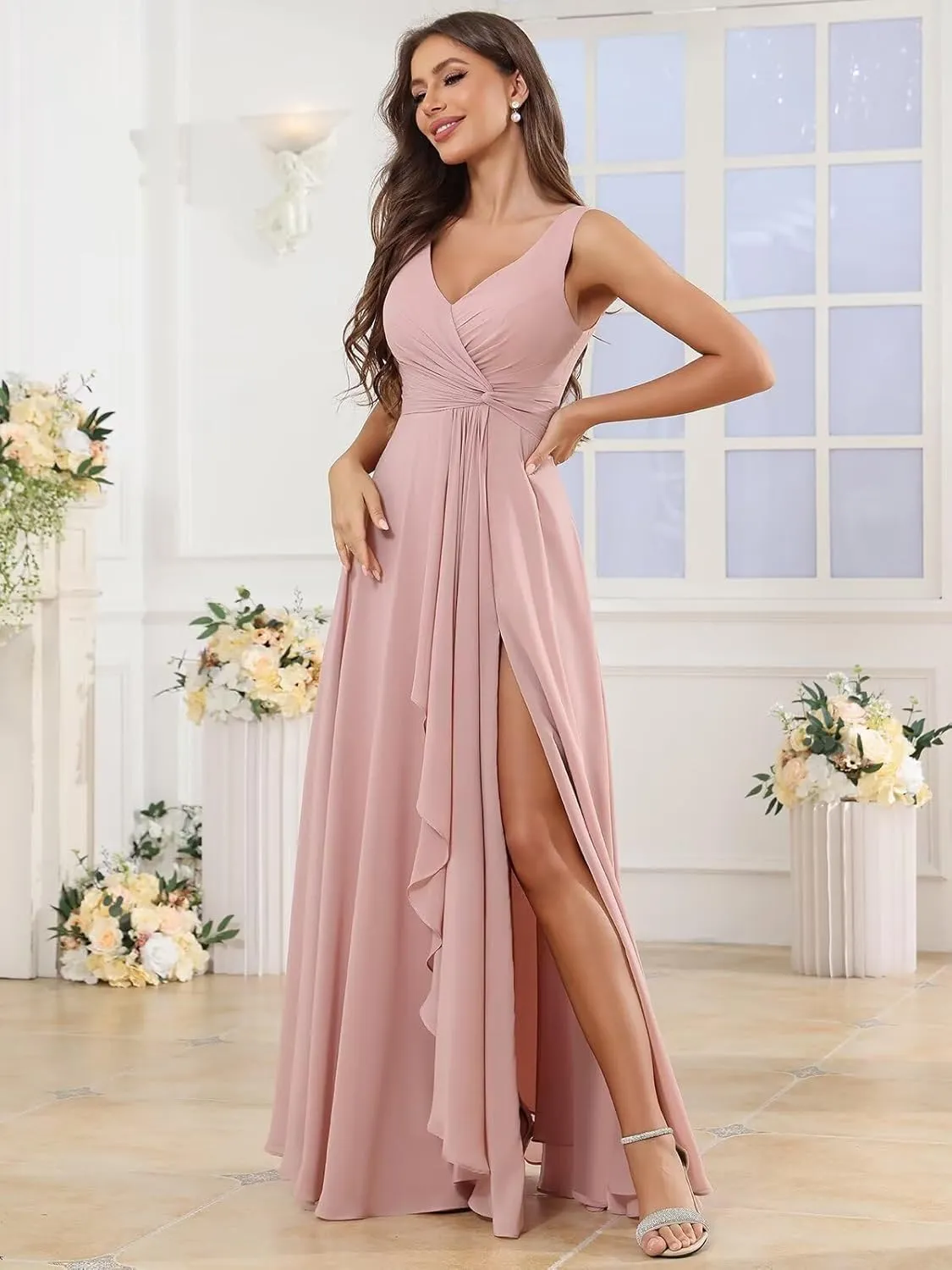 Chiffon V Neck Bridesmaid Dresses for Women Long Pleated Ruffles Formal Evening Gown with Slit
