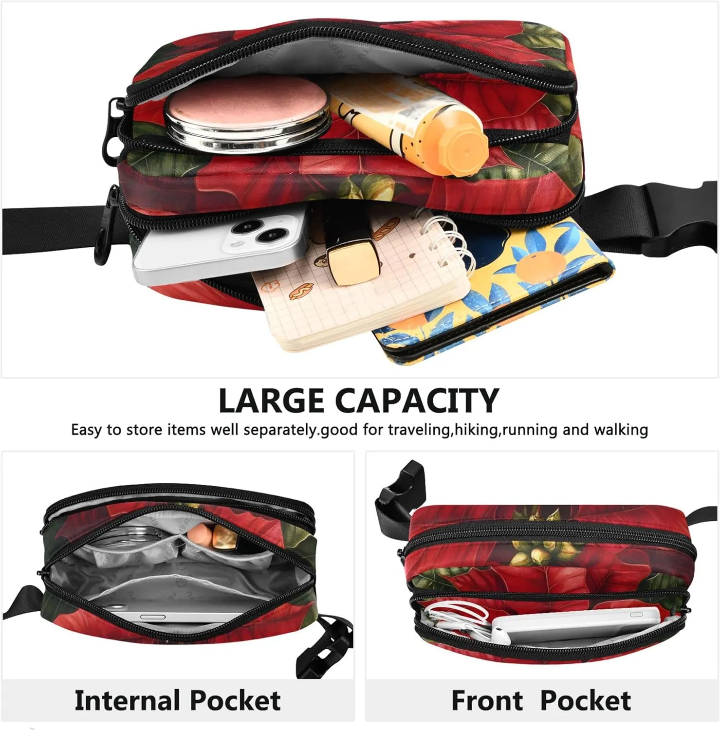 Christmas Poinsettia Womens Fanny Pack Waterproof Hip Bag Belt Pouch Cute Waist Pack for Women