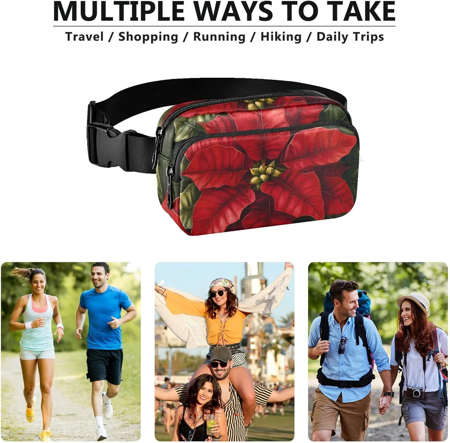 Christmas Poinsettia Womens Fanny Pack Waterproof Hip Bag Belt Pouch Cute Waist Pack for Women