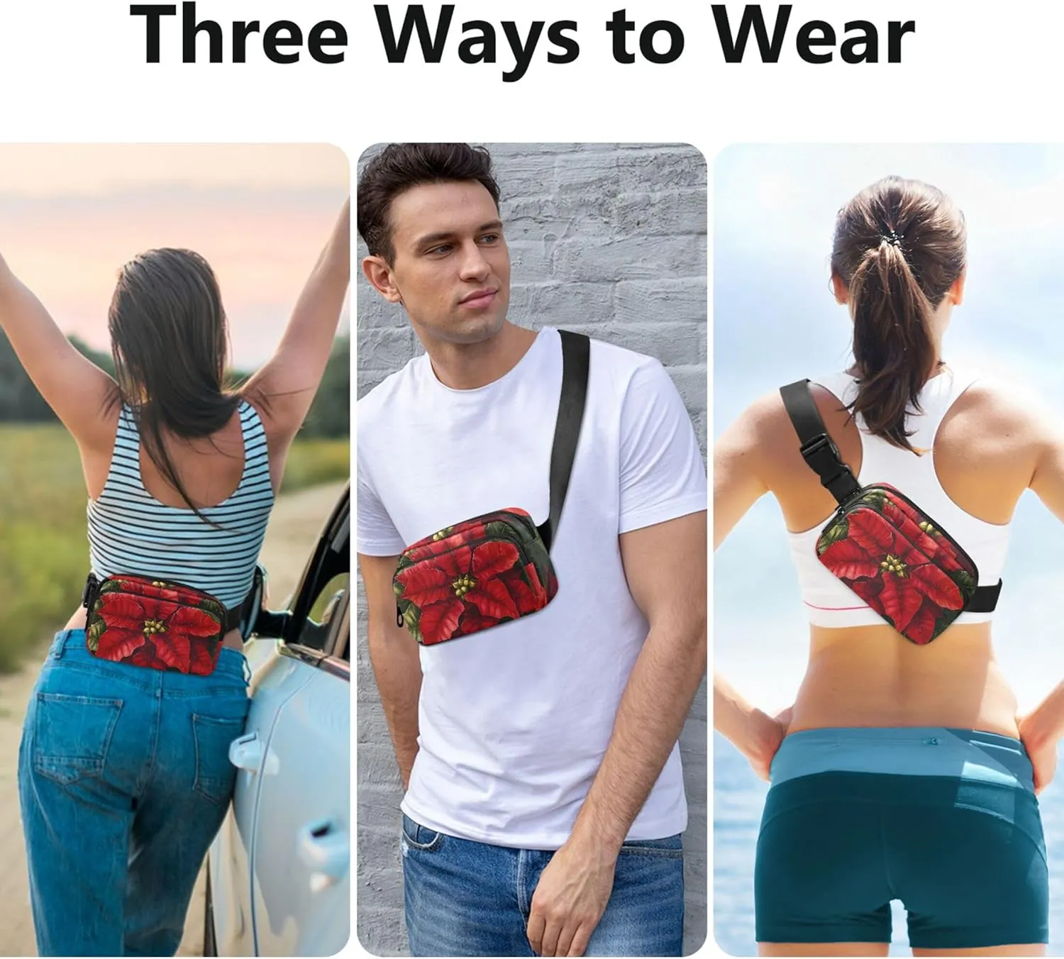 Christmas Poinsettia Womens Fanny Pack Waterproof Hip Bag Belt Pouch Cute Waist Pack for Women