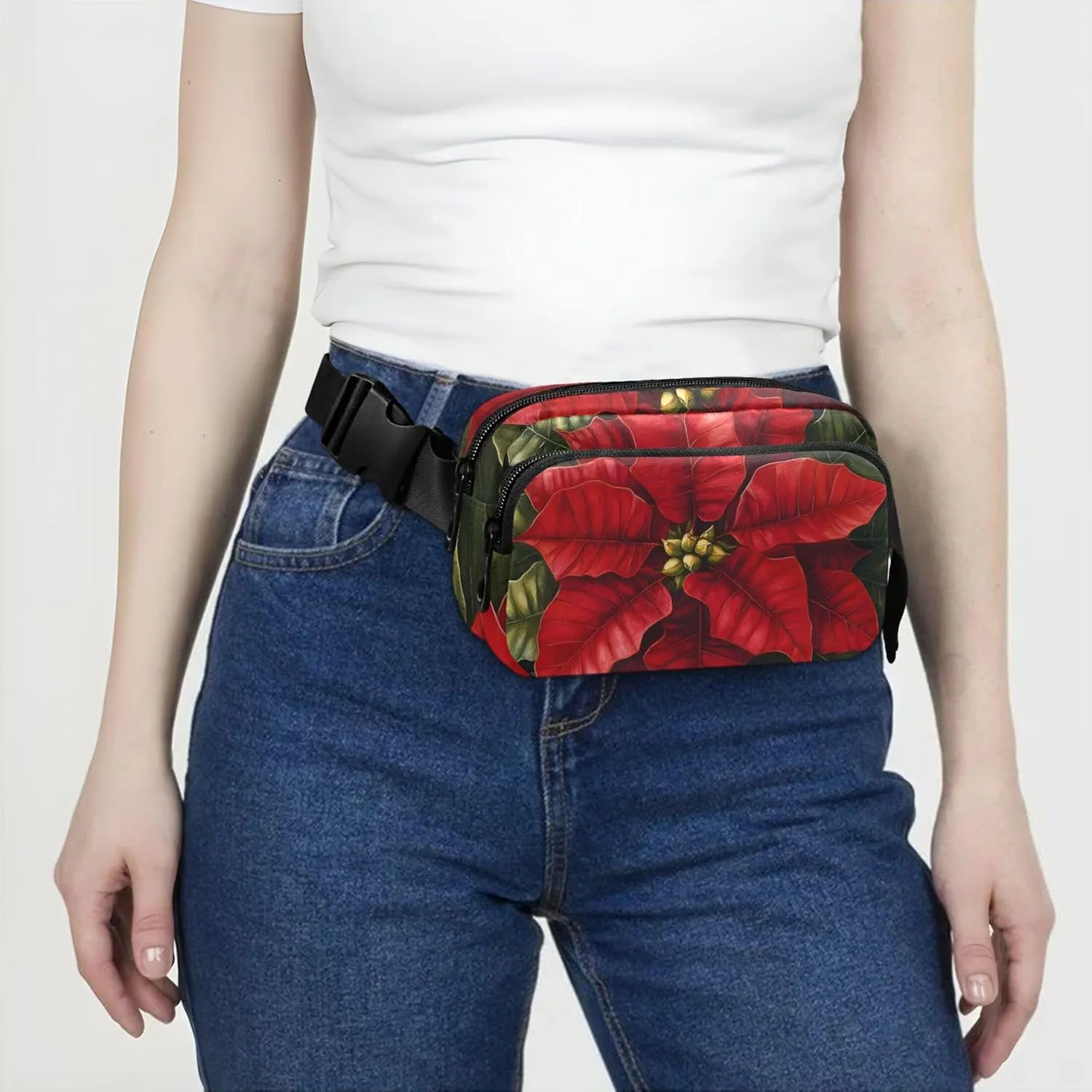 Christmas Poinsettia Womens Fanny Pack Waterproof Hip Bag Belt Pouch Cute Waist Pack for Women