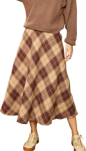Cocoarm Women Long Skirt A Line Elegant Casual Winter Warm Midi Lattice High Waist Pleated Thick Women's Autumn(m-Khaki)