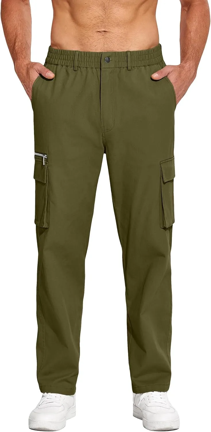 COOFANDY Men's Cotton Cargo Pants Relaxed Fit Elastic Waist Casual Pants Stretch Work Cargo Pant with Pockets
