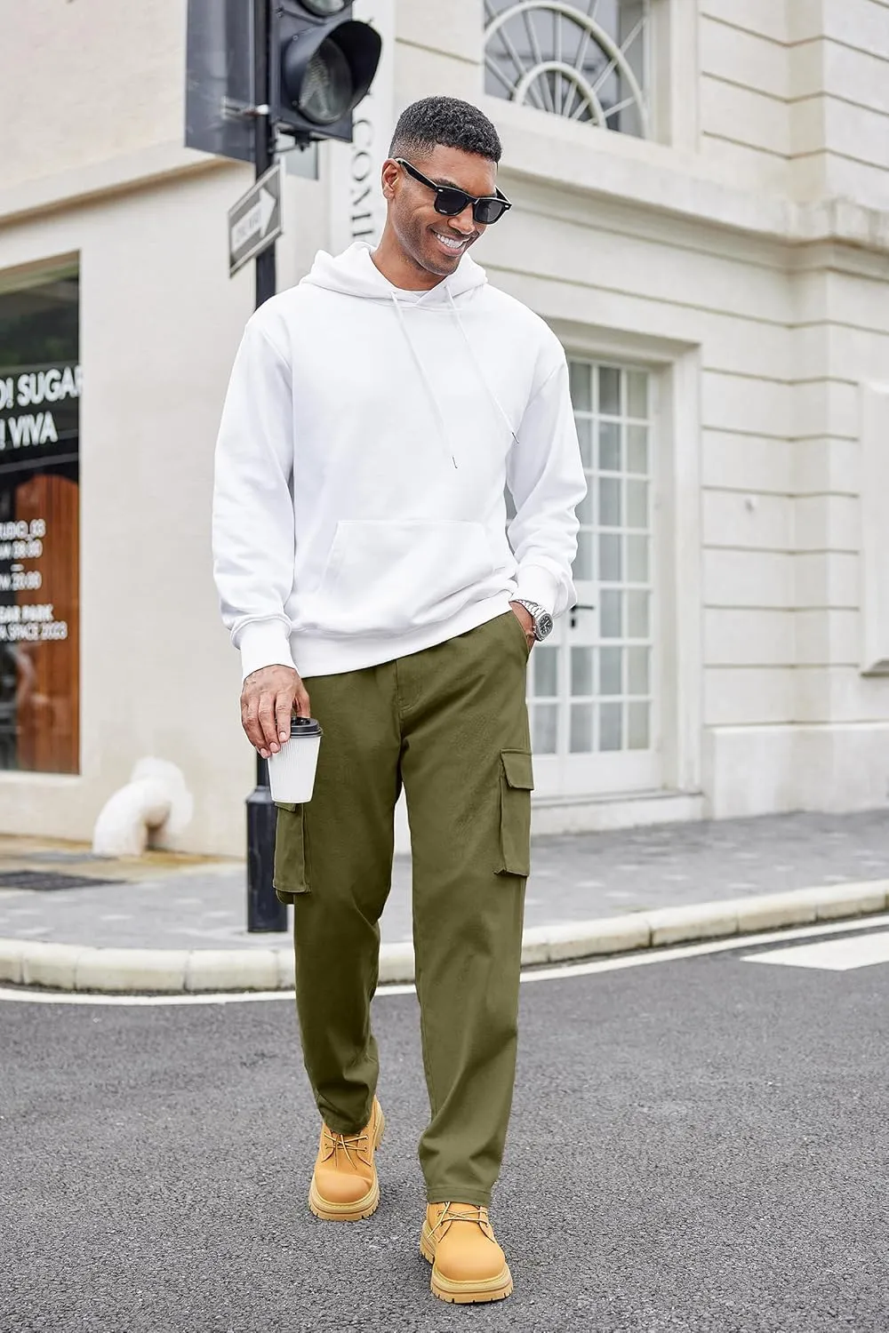 COOFANDY Men's Cotton Cargo Pants Relaxed Fit Elastic Waist Casual Pants Stretch Work Cargo Pant with Pockets