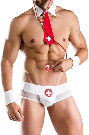 Cosplay Lingerie Sets for Men 2 Piece Necktie and See Through Boxer Briefs Sexy Mesh Underwear Backless Doctor Uniform
