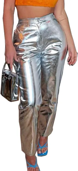 Cresay Women's Faux Leather Metallic High Waist Pants Straight Wide Leg Pants Punk Trousers