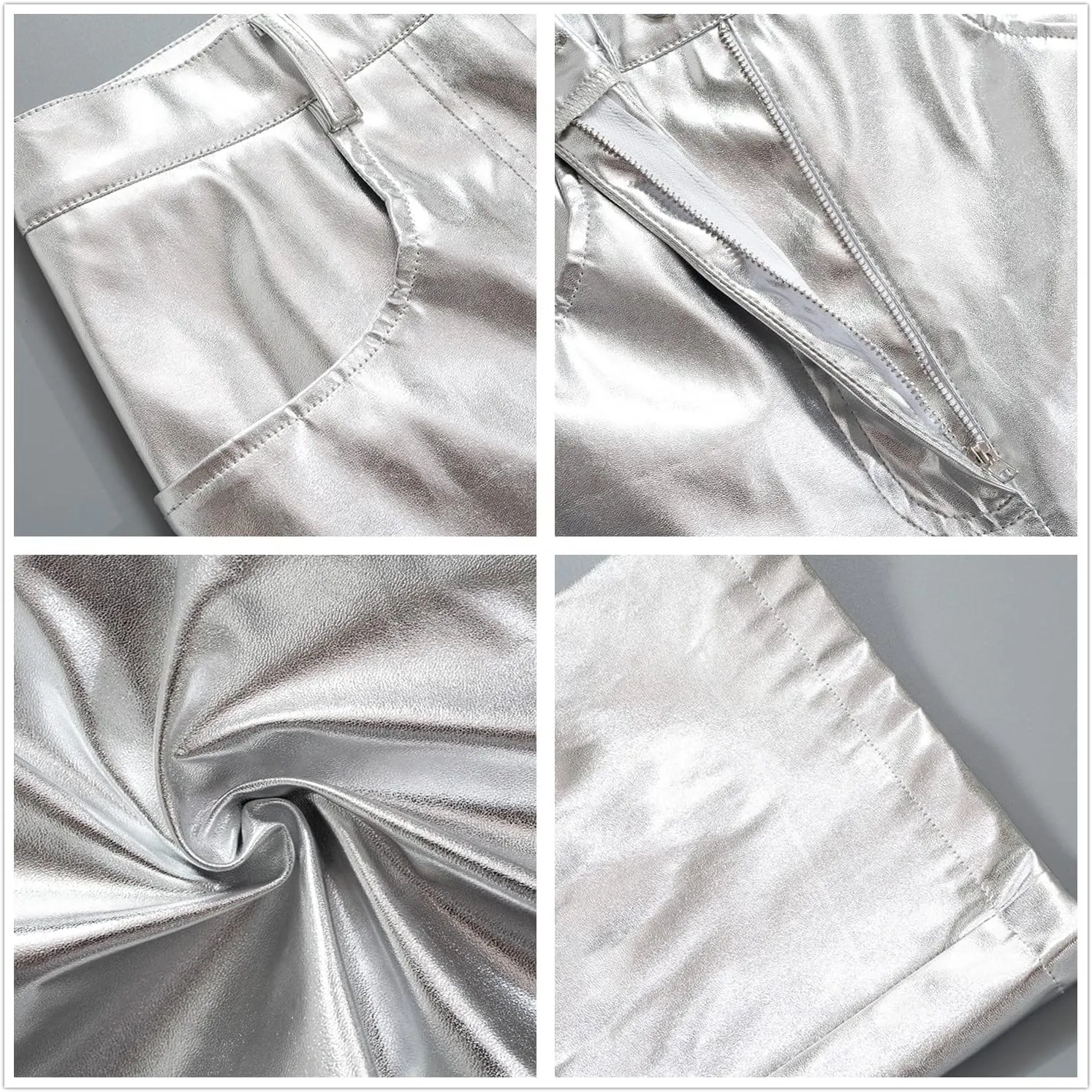 Cresay Women's Faux Leather Metallic High Waist Pants Straight Wide Leg Pants Punk Trousers