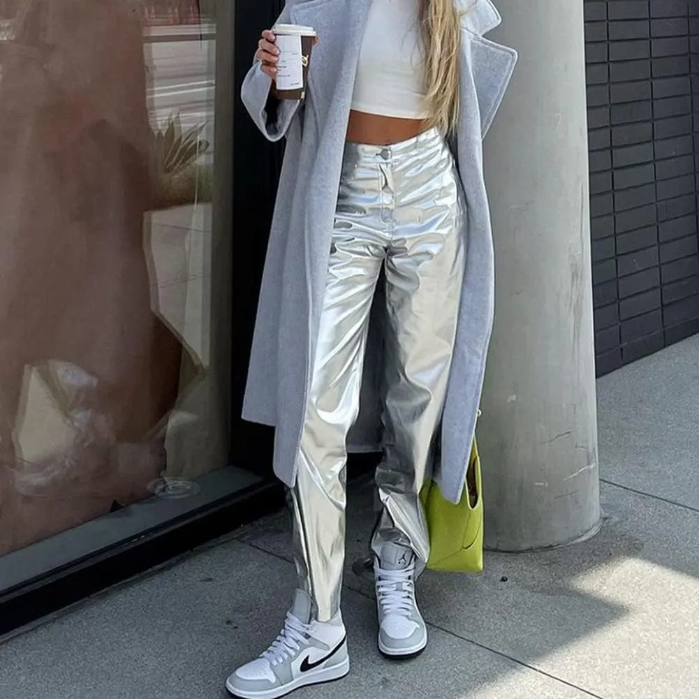 Cresay Women's Faux Leather Metallic High Waist Pants Straight Wide Leg Pants Punk Trousers