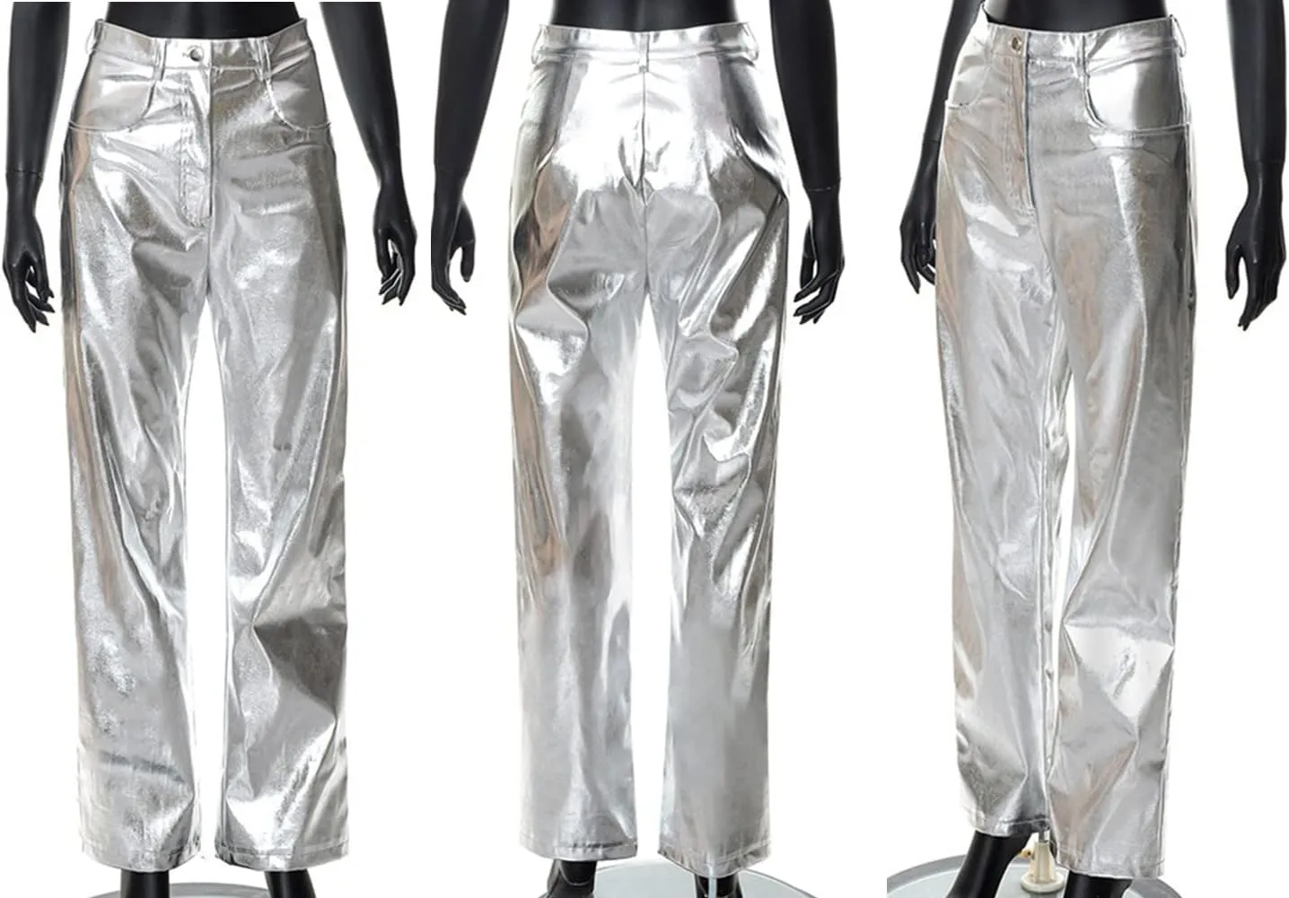 Cresay Women's Faux Leather Metallic High Waist Pants Straight Wide Leg Pants Punk Trousers