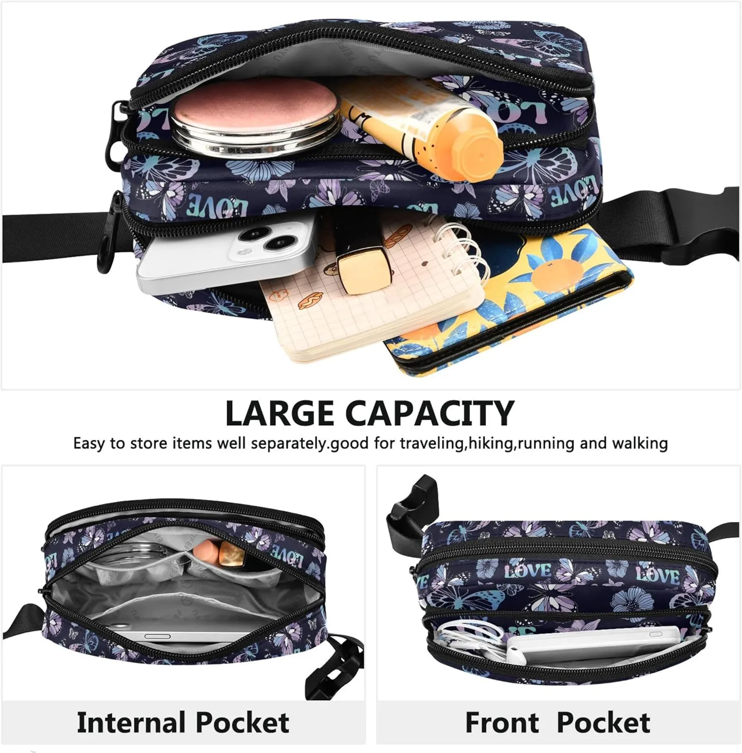 Custom Bright Butterflies Colorful Waterproof Fanny Packs for Women Belt Bag Hip Pack Pattern Waist Pouches for Men