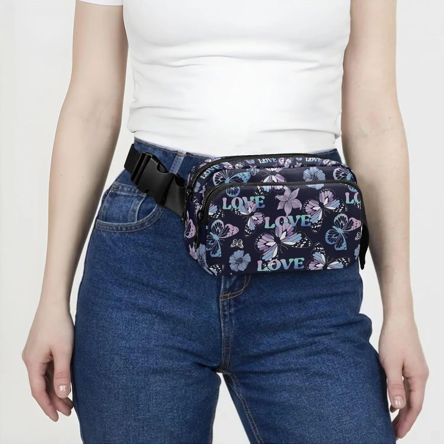 Custom Bright Butterflies Colorful Waterproof Fanny Packs for Women Belt Bag Hip Pack Pattern Waist Pouches for Men