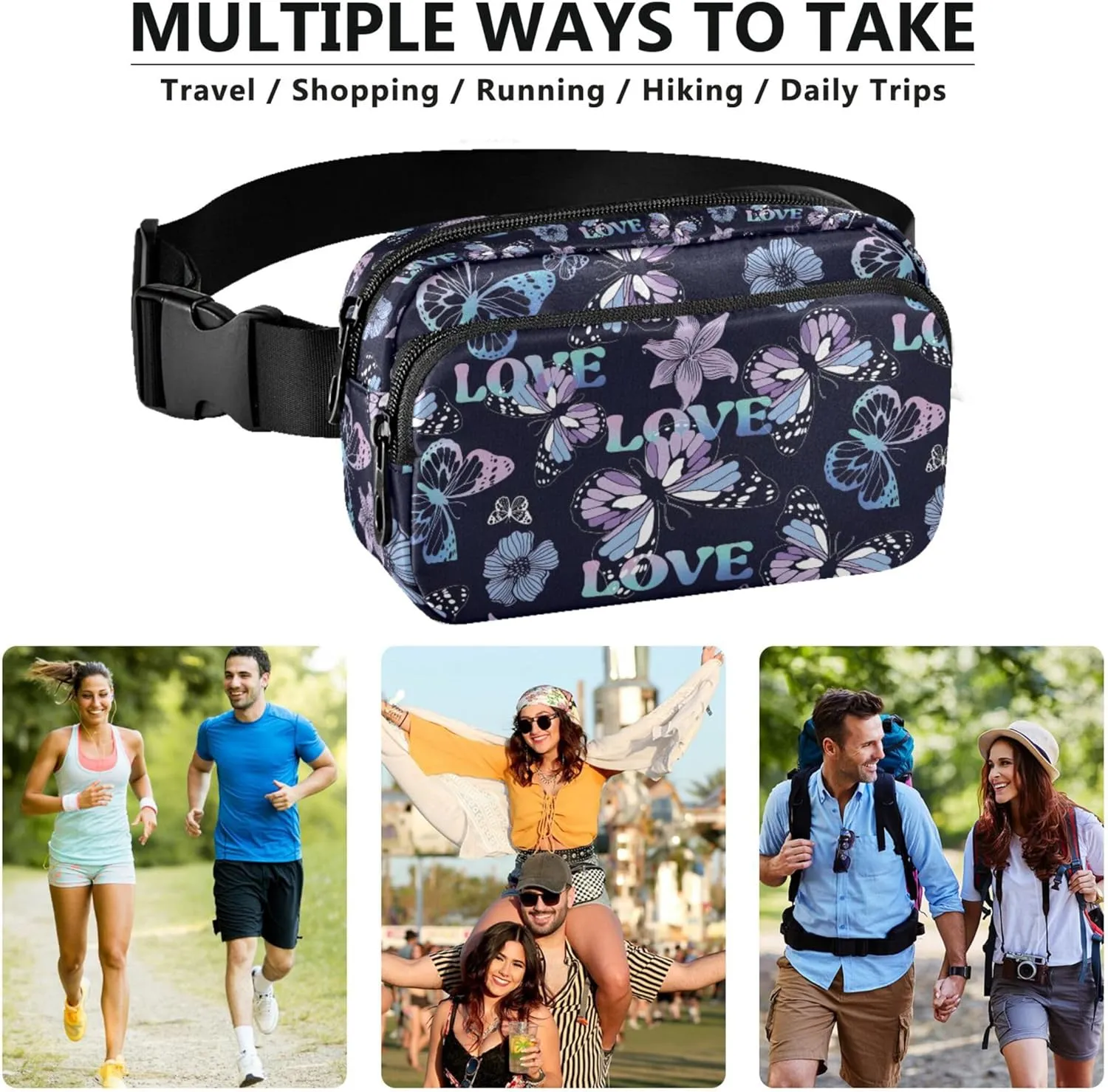 Custom Bright Butterflies Colorful Waterproof Fanny Packs for Women Belt Bag Hip Pack Pattern Waist Pouches for Men