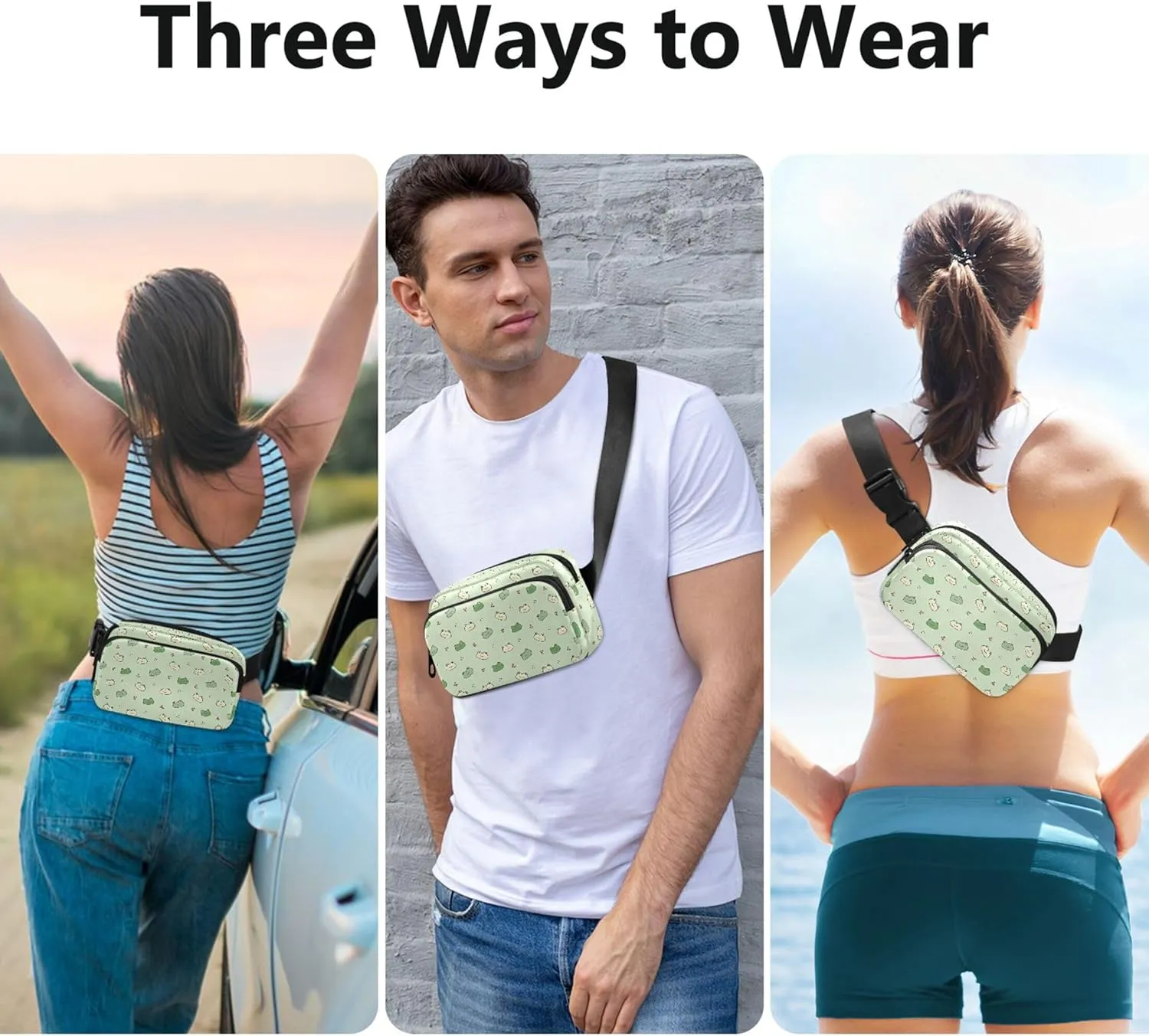 Custom Cartoon Frog Face Cute Green Fanny Pack for Women Waterproof Anti Theft Belt Bag Cute Waist Bag for Women