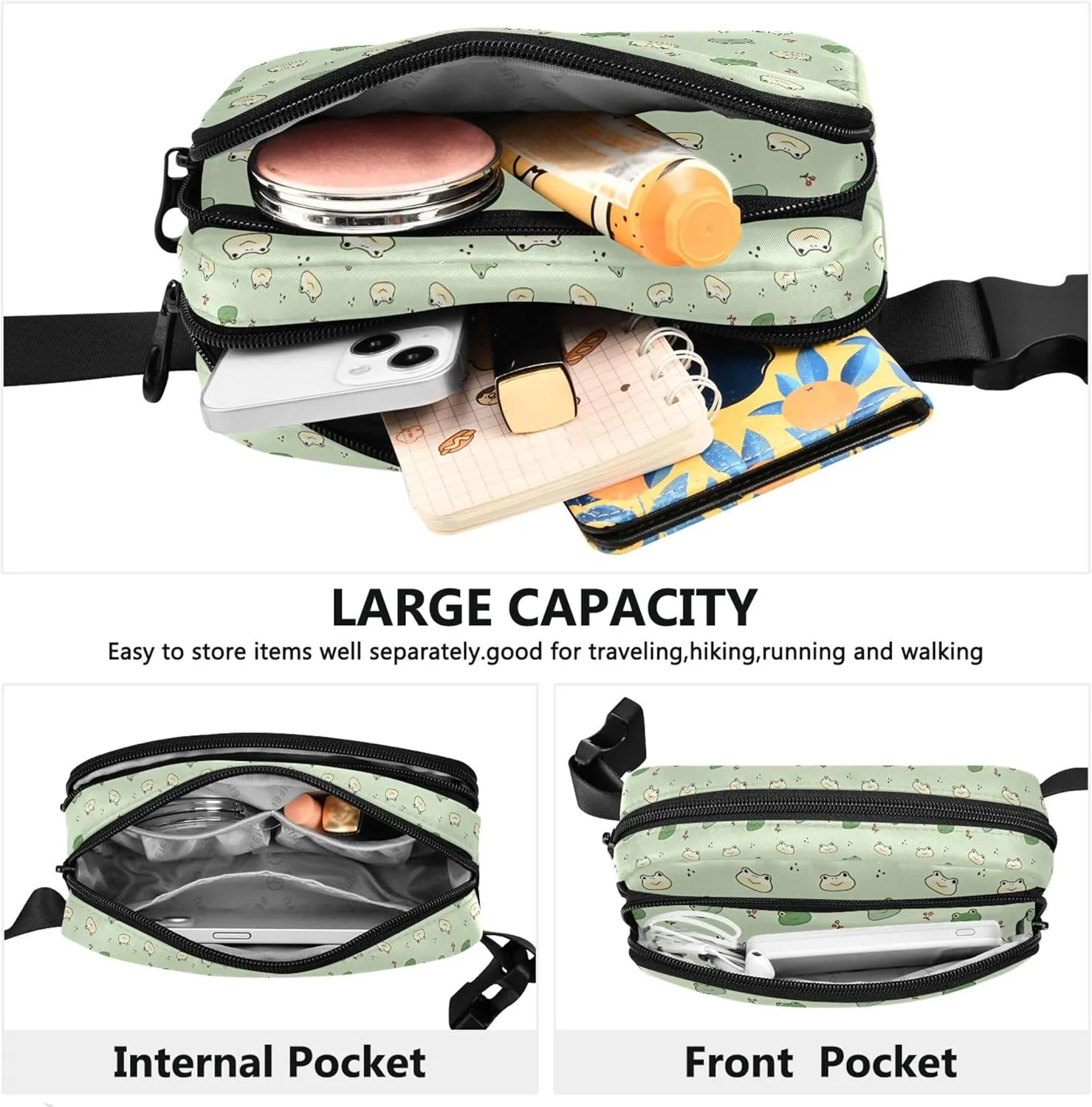 Custom Cartoon Frog Face Cute Green Fanny Pack for Women Waterproof Anti Theft Belt Bag Cute Waist Bag for Women