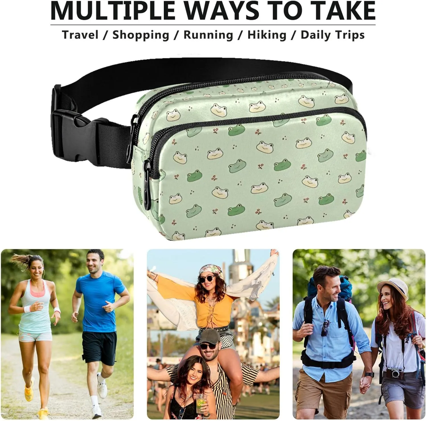 Custom Cartoon Frog Face Cute Green Fanny Pack for Women Waterproof Anti Theft Belt Bag Cute Waist Bag for Women