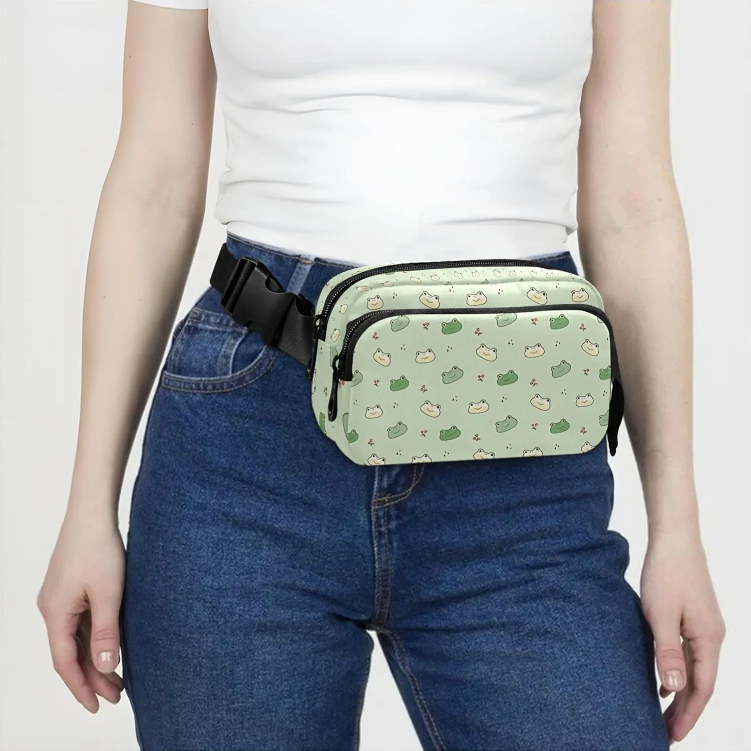 Custom Cartoon Frog Face Cute Green Fanny Pack for Women Waterproof Anti Theft Belt Bag Cute Waist Bag for Women