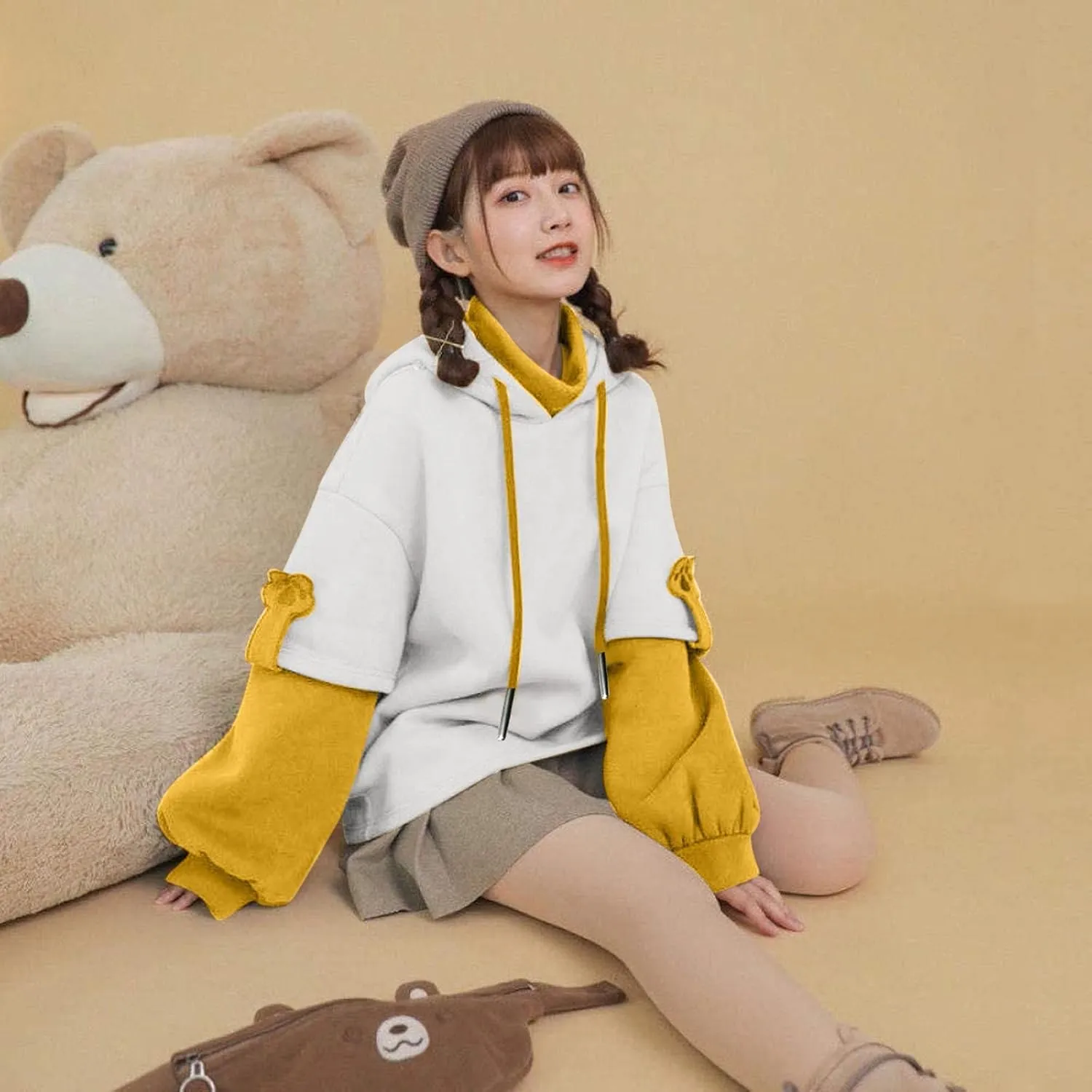 Cute Brown Bear Hoodie for Women Teen Girls Long Sleeve Kawaii Sweatshirts Patchwork Shirt with Cute Personality Bag