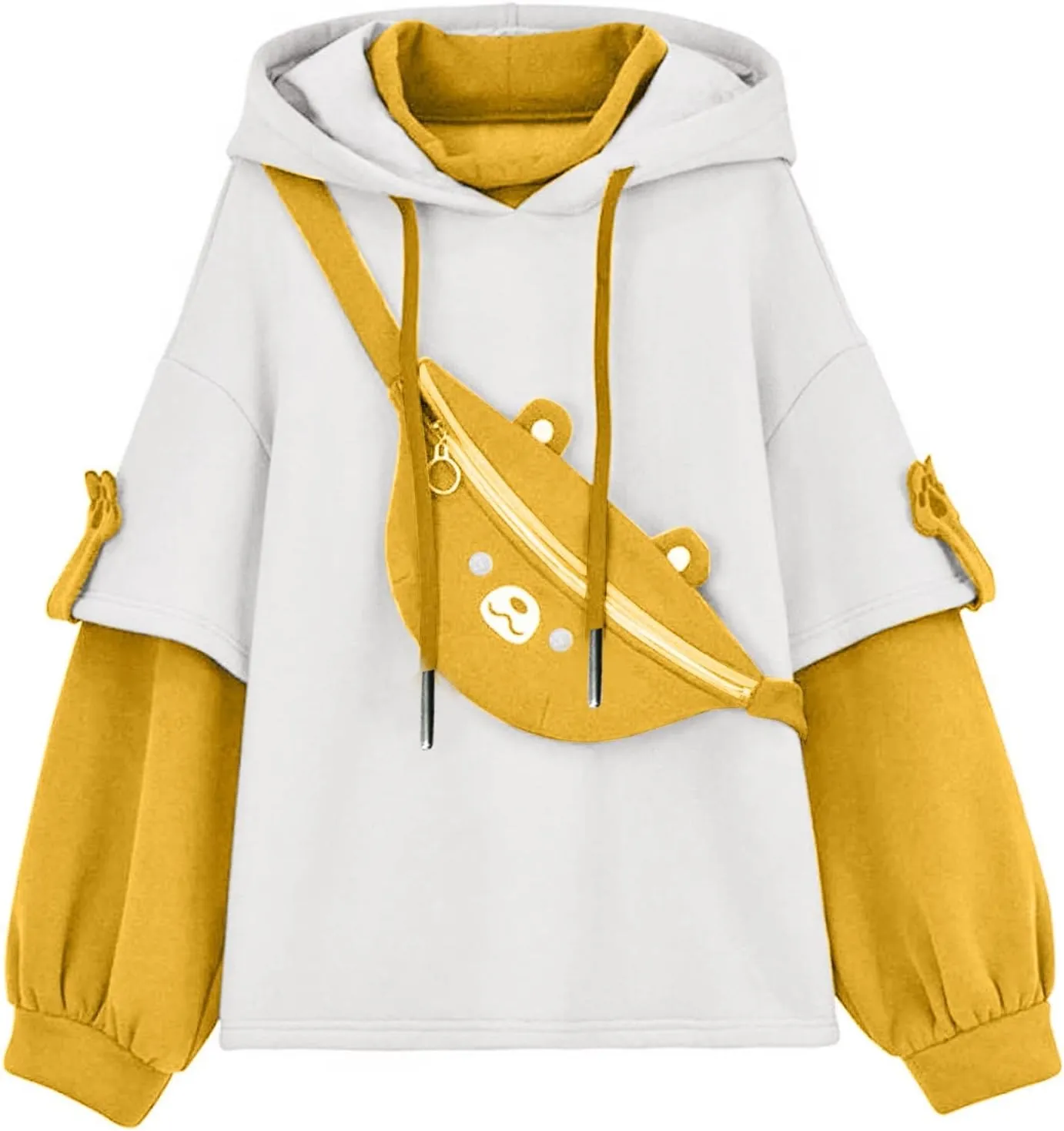 Cute Brown Bear Hoodie for Women Teen Girls Long Sleeve Kawaii Sweatshirts Patchwork Shirt with Cute Personality Bag